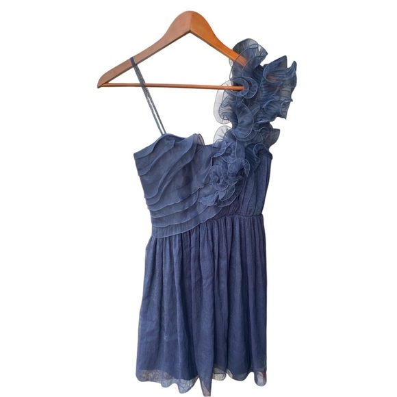 BCBG MAXAZRIA Dark Blue Grey Metallic Tulle Overlay One Shoulder Dress 6 - Picture 3 of 16